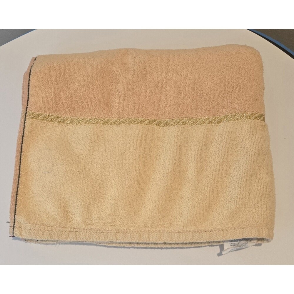 Vintage Santens Bath Towel Tan Gold Metallic Stripe 100% Cotton USA